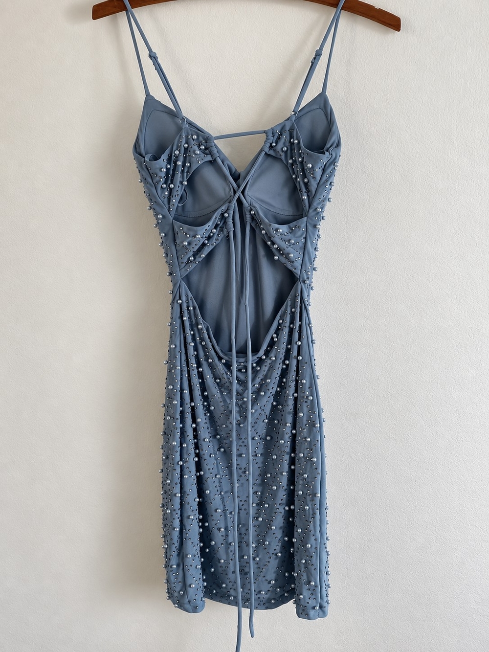Dusty Blue Pearl Rhinestone Mini Dress Cutout Party Formal Dress Homecoming - Picture 5 of 7